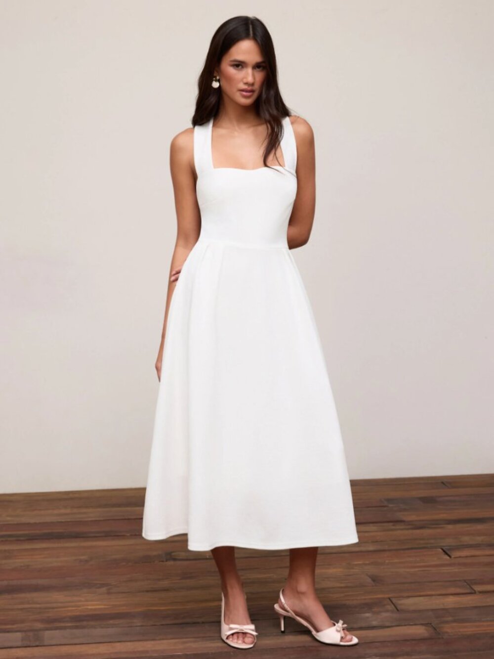 Square Neck Solid Criss Cross Ruffle Midi Dress